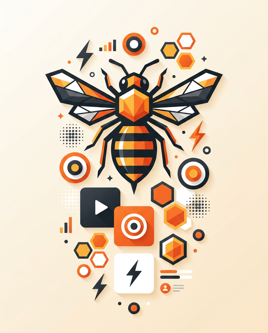 Buzz Blitz — geometric bee surrounded by digital marketing motifs